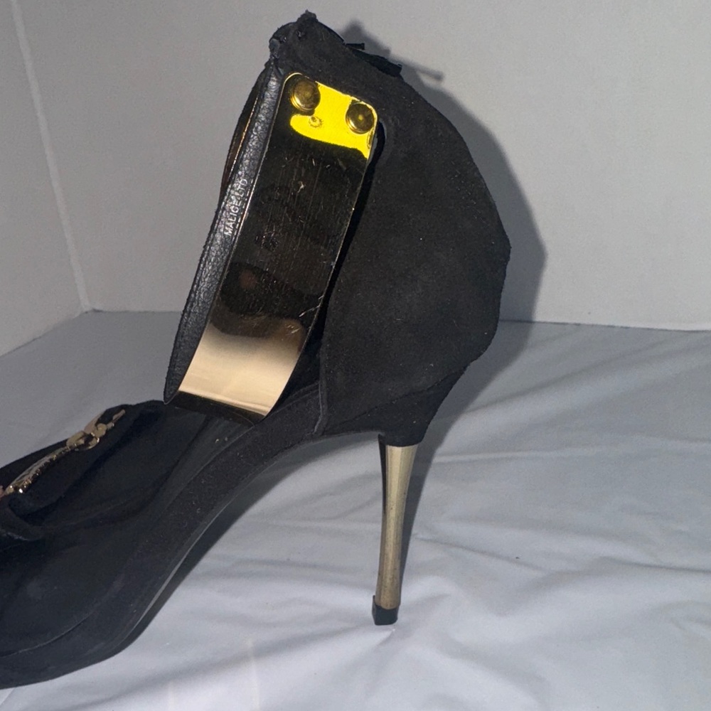 Jeffrey Campbell Malice Shoe "F-u-c-k  Off" Black Suede Gold Chain Heel Size 8.5 - Picture 9 of 14